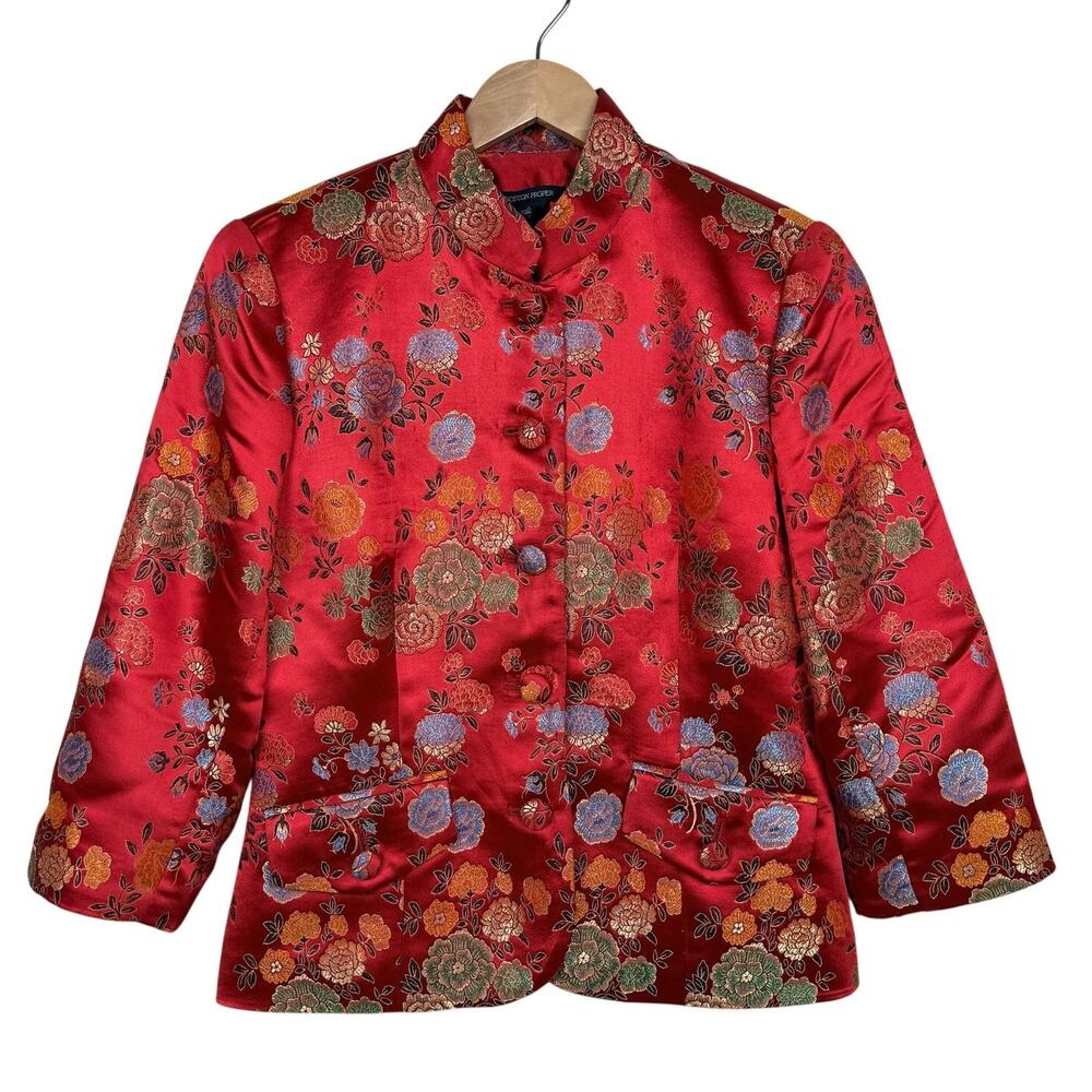 Vintage Boston Proper Brocade Jacket Red Floral Mandarin Collar Y2K Size 8